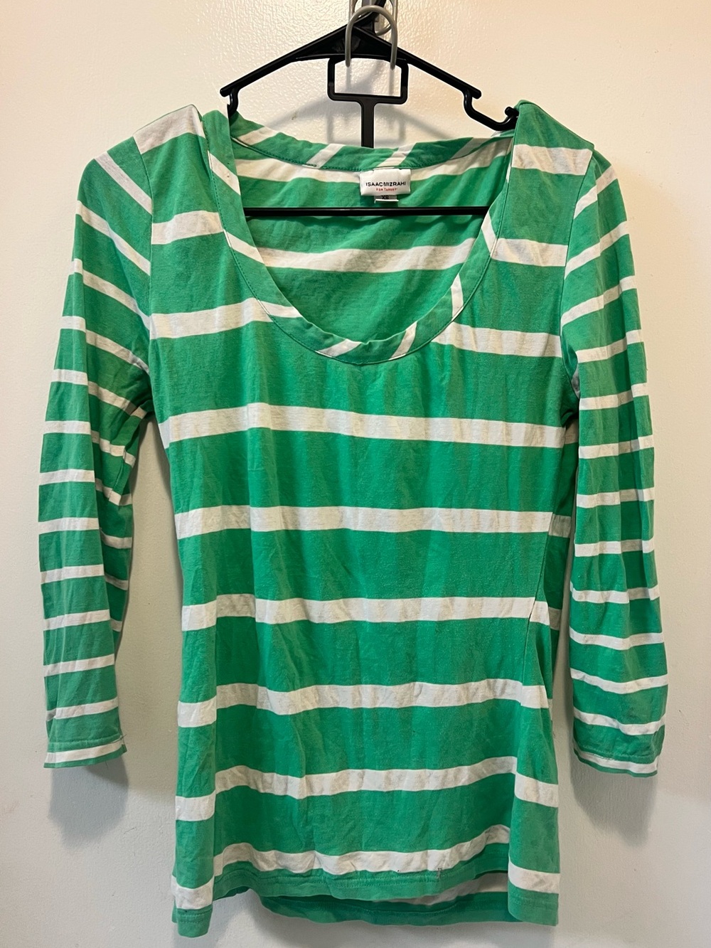 Isaac Mizrahi Green and White Striped Scoop Neck Top